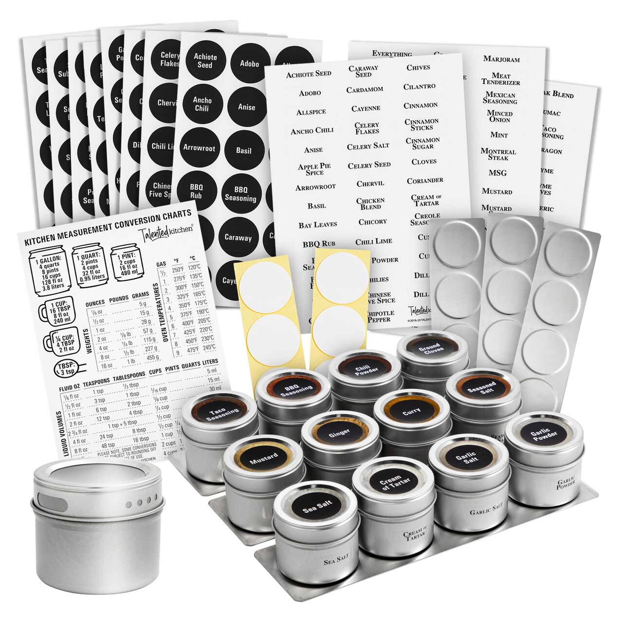 Talented Kitchen 12 Magnetic Spice Jars for Refrigerator with 3
